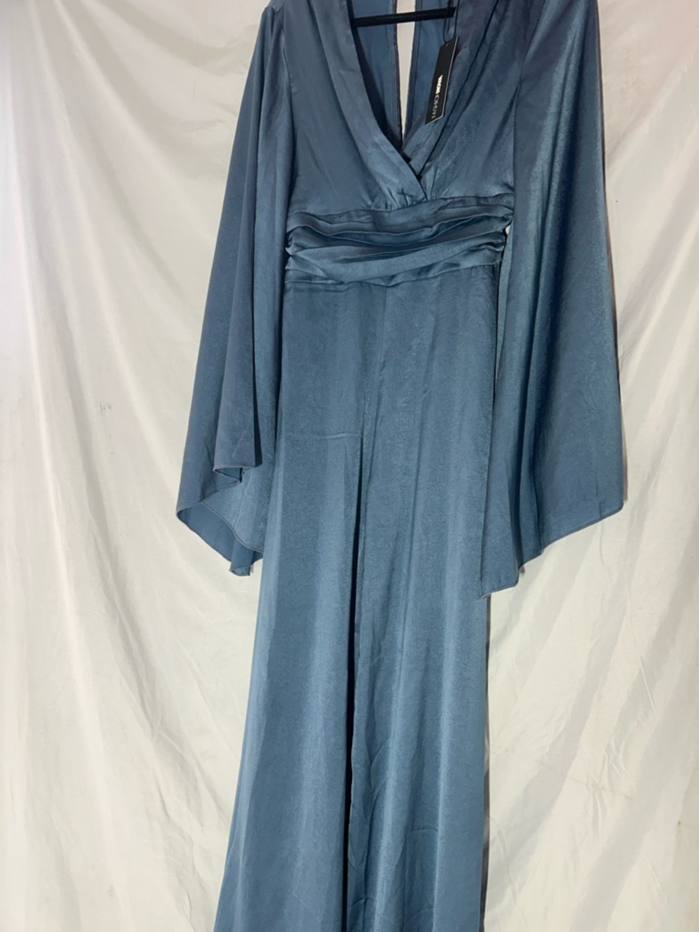 Fashion Nova Dusty Blue Satin V-Neck Jumpsuit